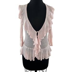 Anthro KNITTED & KNOTTED Pink Linen Cotton Blend 3/4 Sleeve Ruffle Sweater S
